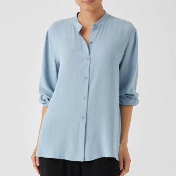 Silk Georgette Crepe Mandarin Collar Shirt - Bluesteel NWOT Never Worn - Picture 1 of 8